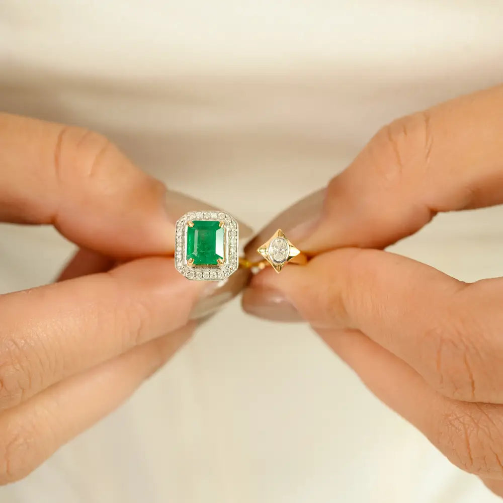 Real K18 Yellow Gold Zambian Emerald & Diamond Halo Open Ring Unique Design Jewelry