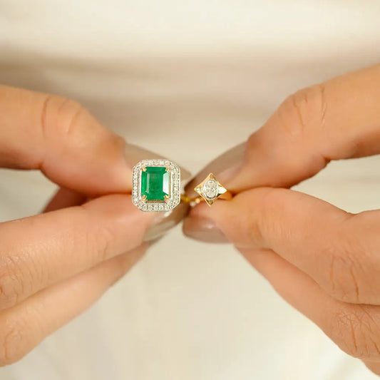 Real K18 Yellow Gold Zambian Emerald & Diamond Halo Open Ring Unique Design Jewelry