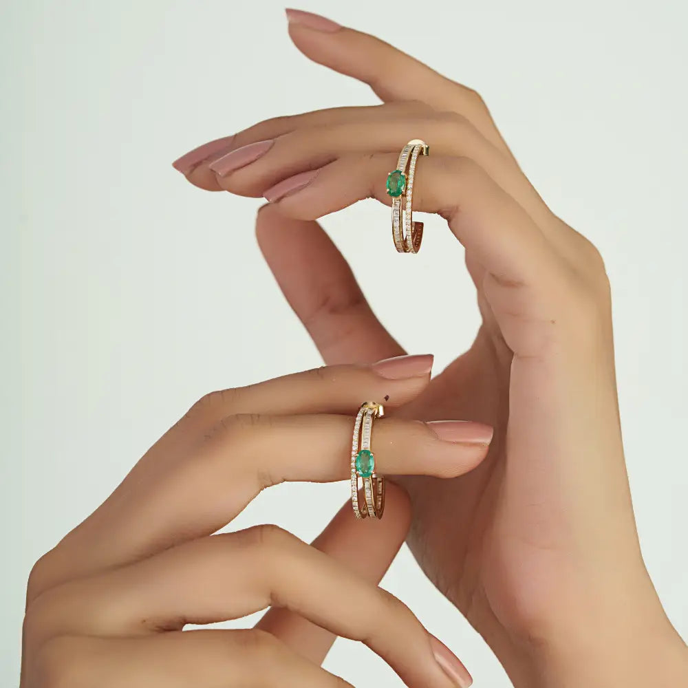 Customized Emerald & Diamond K14 Solid Yellow Gold C Shape Hoop Earrings For Women