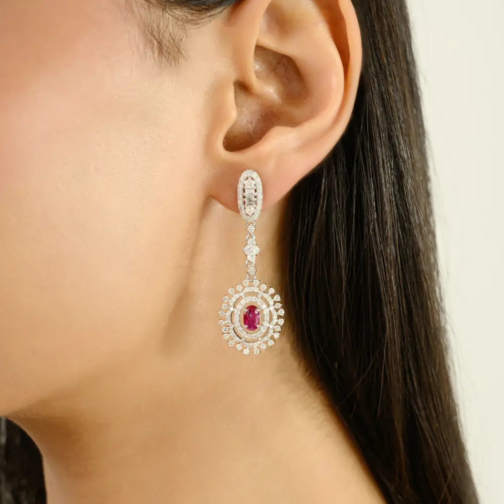 Statement Jewelry Ruby & Diamond Bridal Dangle Earrings Pure 14K White Gold Wholesale Price