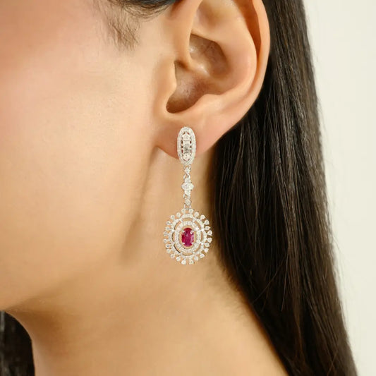 Statement Jewelry Ruby & Diamond Bridal Dangle Earrings Pure 14K White Gold Wholesale Price