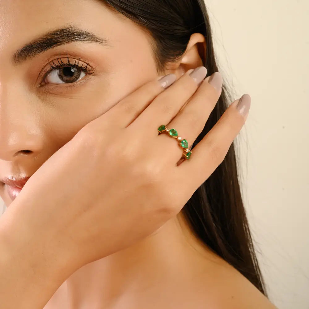 5x4 mm Pear Cut Emerald & Diamond Stackable Half Eternity Band Ring 14K Solid Yellow Gold