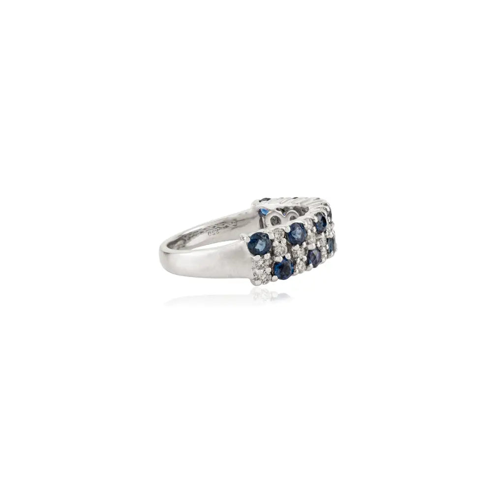Statement Luxury Blue Sapphire & Diamond 18K Real White Gold Wedding Band Ring Unisex