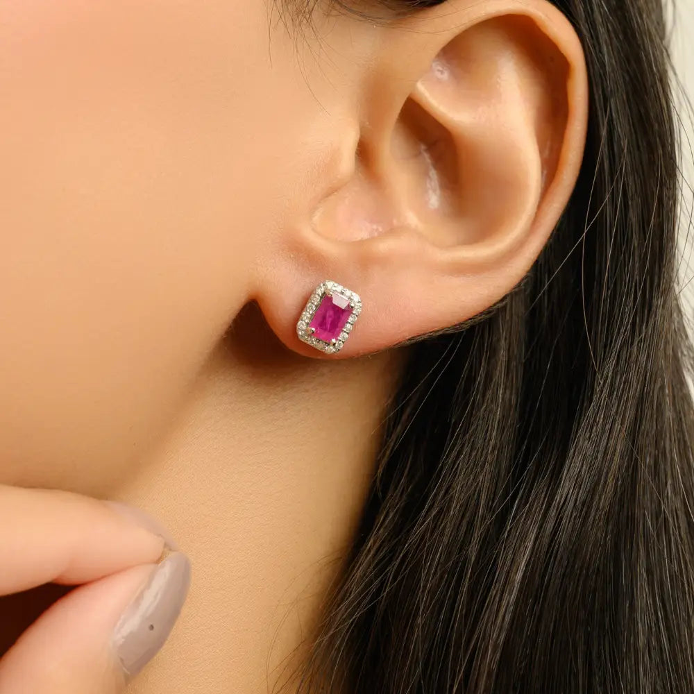 Ruby & Diamond Push Back Halo Cluster Stud Earring 18K Real White Gold Fine Jewelry