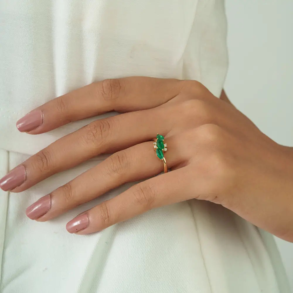 Marquise Shape Emerald & Diamond Three Stone Ring Stackable 14K Yellow Gold Jewelry