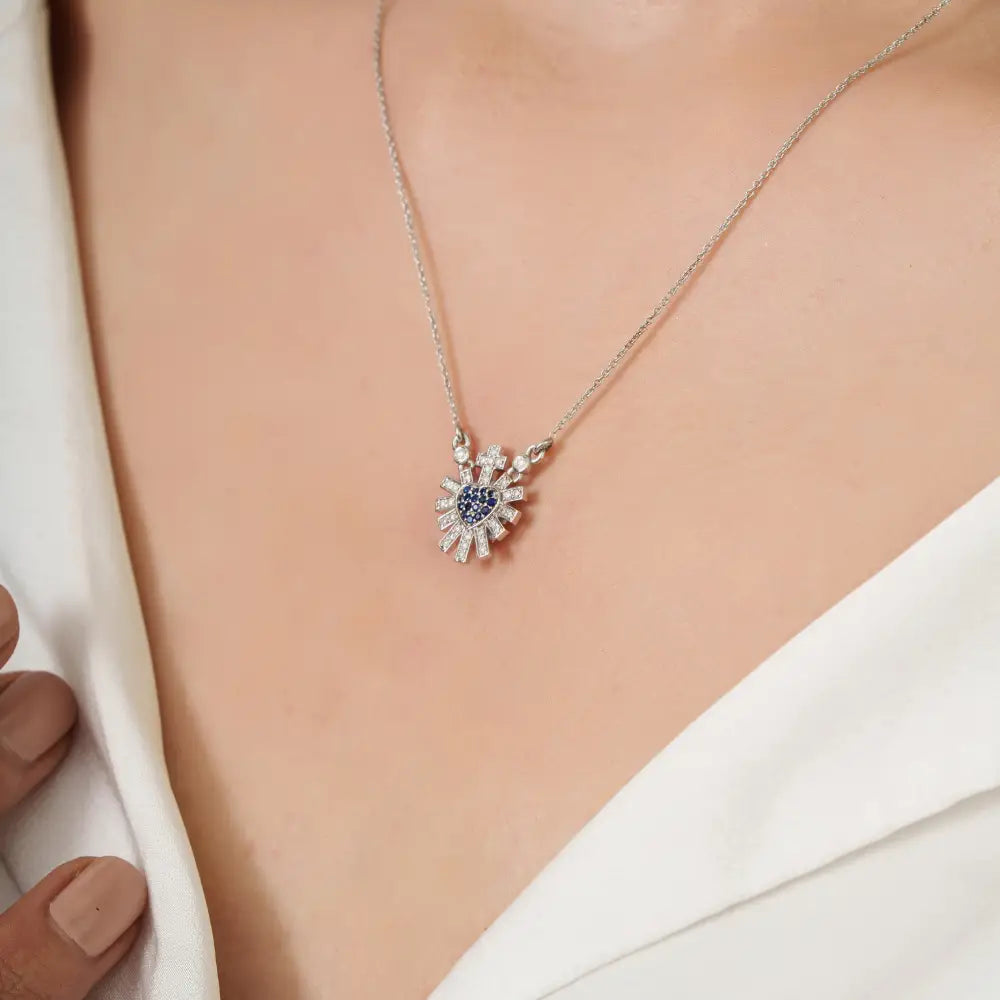 14K Solid White Gold Blue Sapphire & Diamond Sacred Heart Sunburst Pendant Necklace