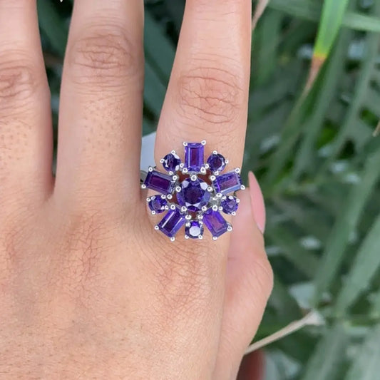 Modern Design Handmade Fine Amethyst Flower Cocktail Ring For Wedding In 925 Silver