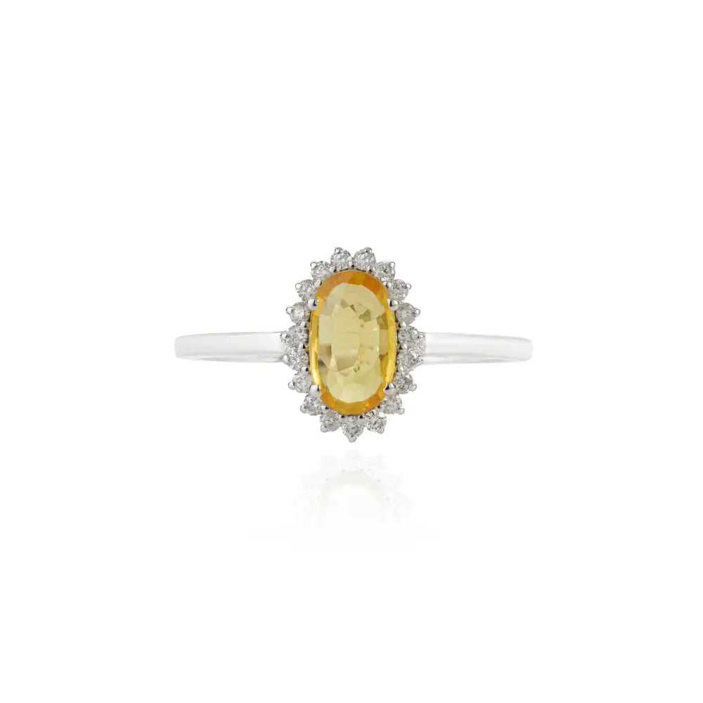 8x5mm Oval Cut Yellow Sapphire & Diamond Cluster Ring Handmade 14K White Gold Jewelry
