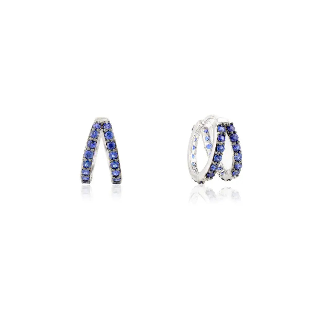 September Birthstone Natural Blue Sapphire Solid 14K White Gold Hoop Earrings