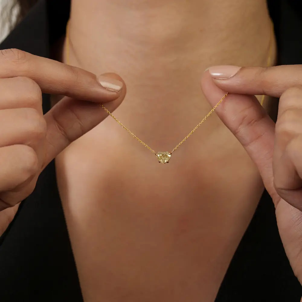 18K Real Yellow Gold Heart Shape Yellow Diamond Solitaire Pendant Necklace Dainty Jewelry