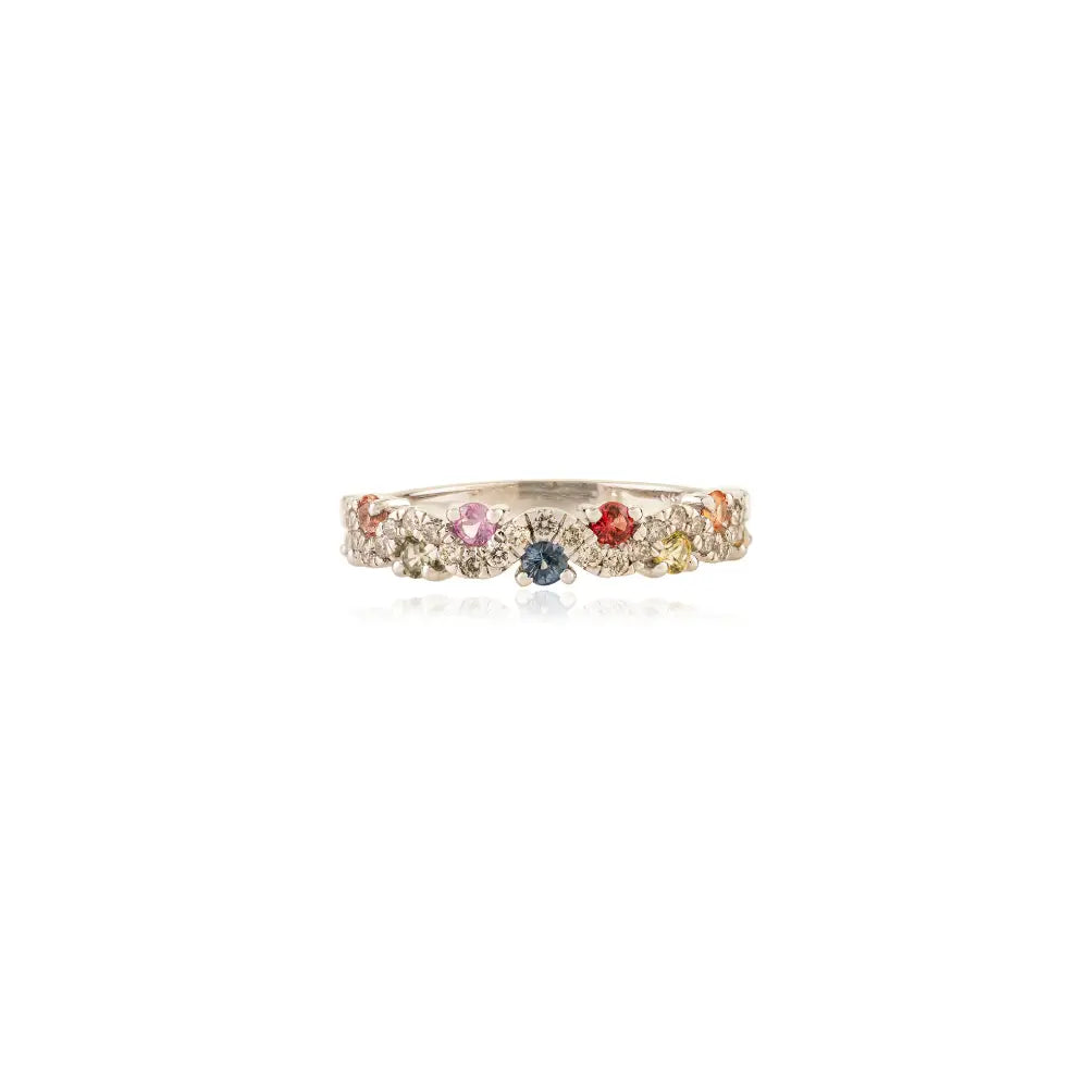 Colorful Multi Sapphire & Diamond 14K White Gold Wavy Design Half Eternity Band Ring Unisex