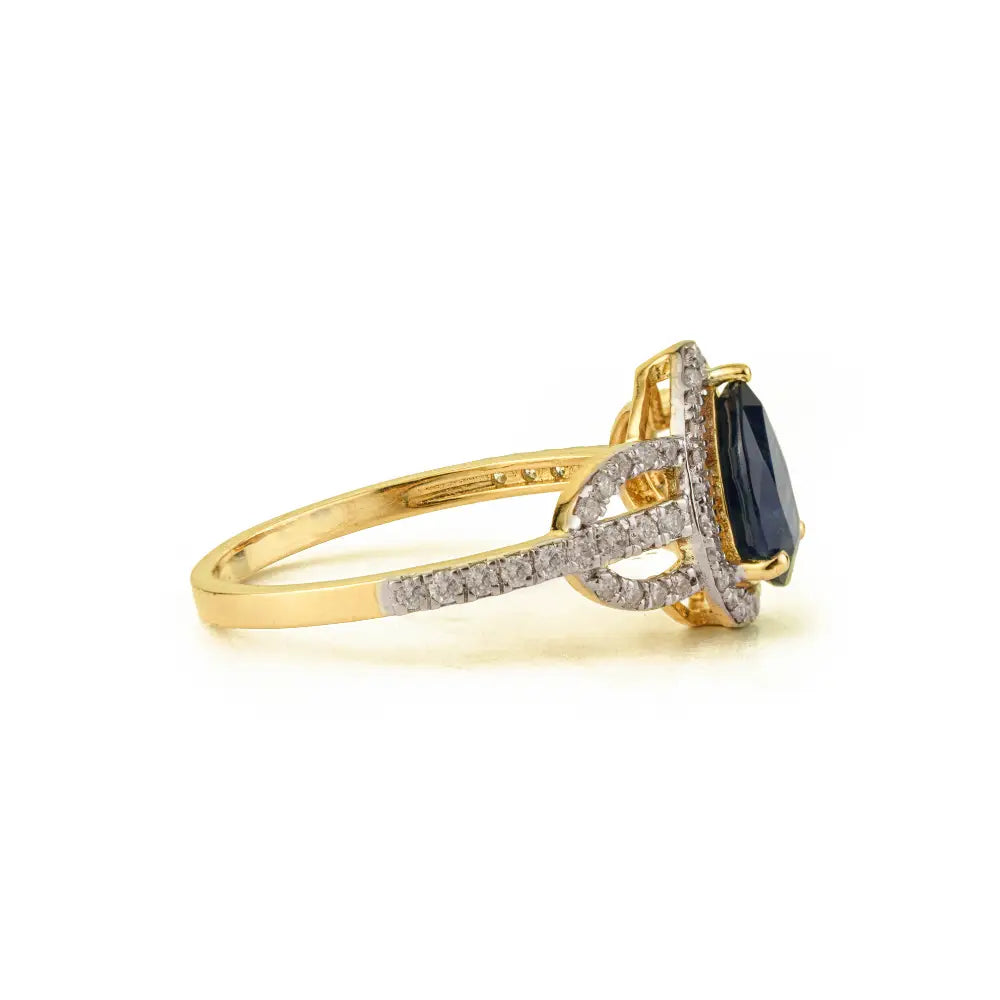 Pear Shape Blue Sapphire & Round Cut Diamond K14 Yellow Gold Statement Ring Newly Jewelry