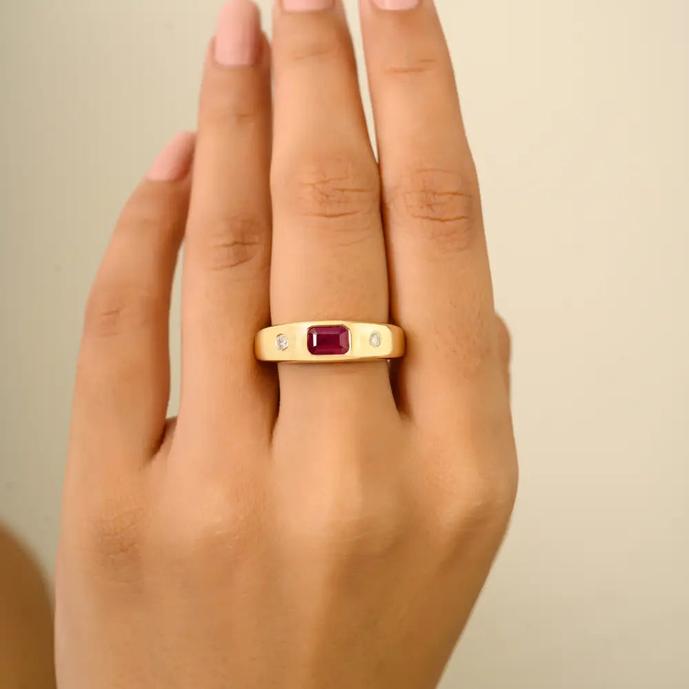 14K Yellow Gold Ruby & Diamond Chunky Gypsy Ring Latest New Design Anniversary Gift