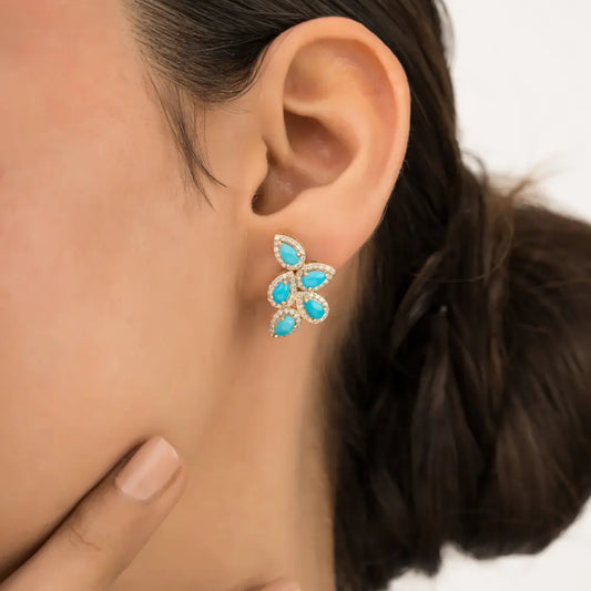 Unique Design Turquoise & Diamond Wings Shape Statement Stud Earrings K14 Real Gold Jewelry