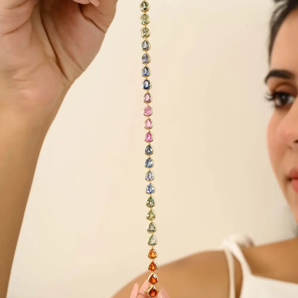 Pear Shape Multi Sapphire Trending 14K Yellow Gold Stackable Tennis Bracelet Bezel Setting