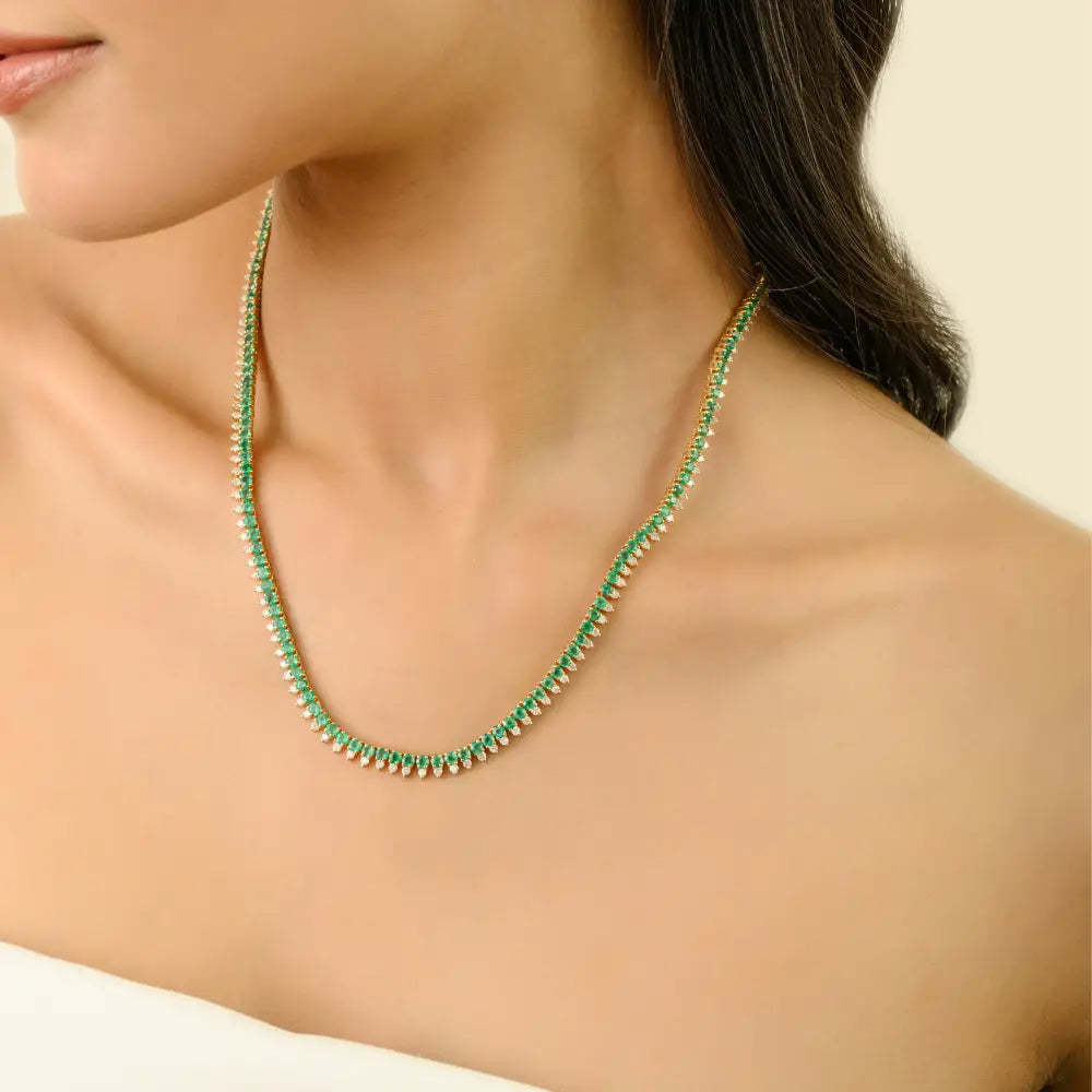 Emerald & Diamond Box Lock Tennis Necklace Unique Design 18K Yellow Gold Women Jewelry
