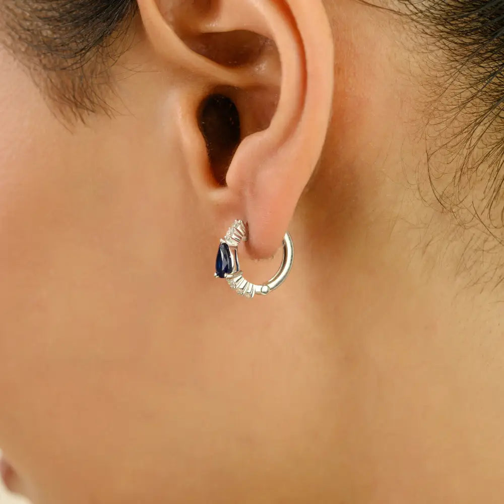 Simple 5x3 mm Pear Blue Sapphire & Diamond Small Hoop Earrings For Women 18K White Gold