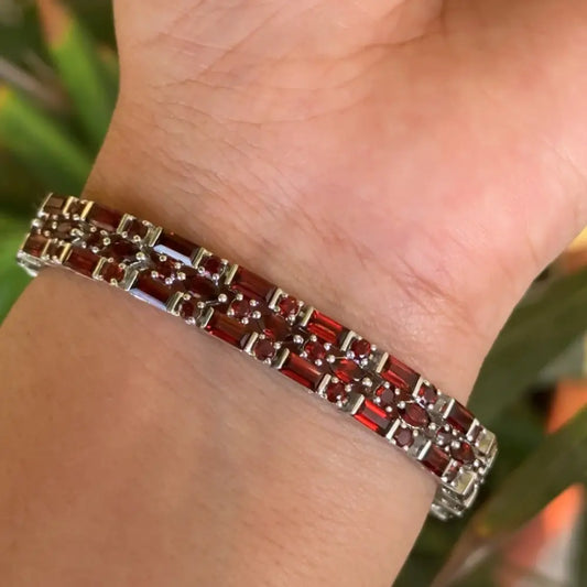Handcrafted Natural Garnet Triple Row Tennis Bracelet For Anniversary Gift 925 Sterling Silver
