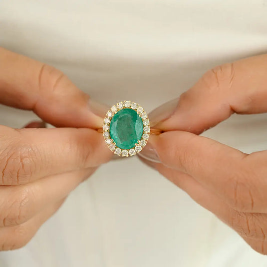 5ct. Zambian Emerald & Diamond Real 14K Yellow Gold Cluster Ring Bold Bridal Jewelry