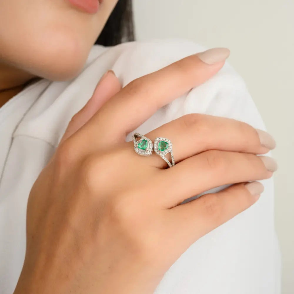 Heart Shape Emerald & Round Diamond Solid 18K White Gold Bypass Ring