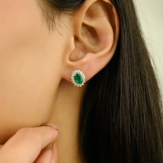 Zambian Emerald & Diamond Women's Cluster Stud Earrings Fine K14 White Gold Jewelry