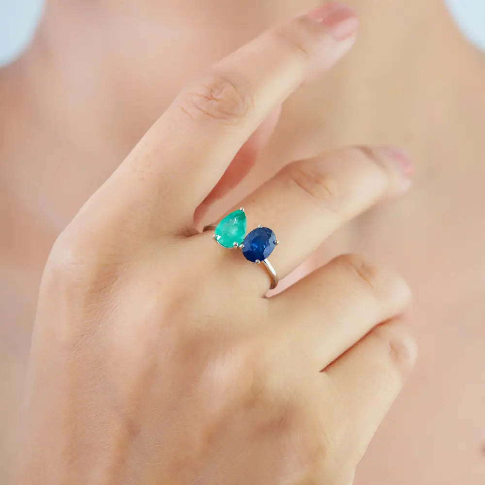 Real K14 White Gold Precious Gemstone Emerald & Blue Sapphire Toi et Moi Stackable Ring