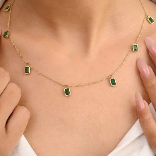 Precious Gemstone Jewelry Solid 14K Yellow Gold Emerald Charm Necklace