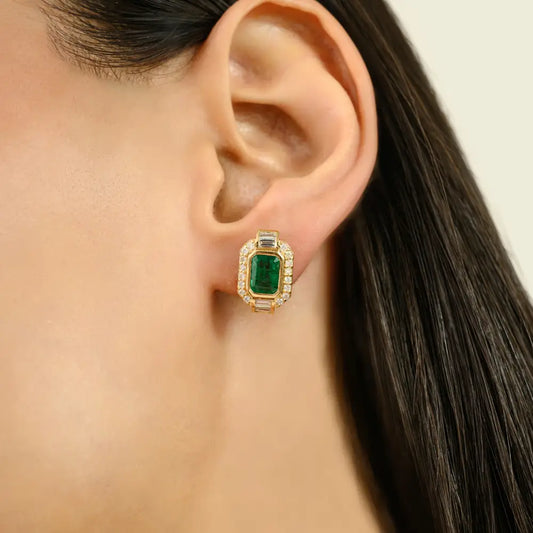 Bezel Set Emerald & Diamond Stud Earrings Trending Everyday Jewelry Real 18K Yellow Gold