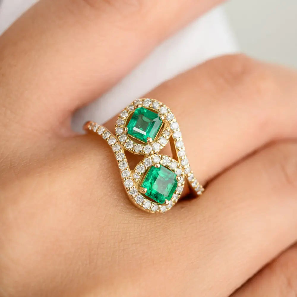 100% Natural Square Emerald & Diamond Solid K18 Yellow Gold Two Stone Ring