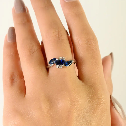 Latest Design 14K White Gold Blue Sapphire & Diamond Fine Three Stone Ring Elegant Jewelry