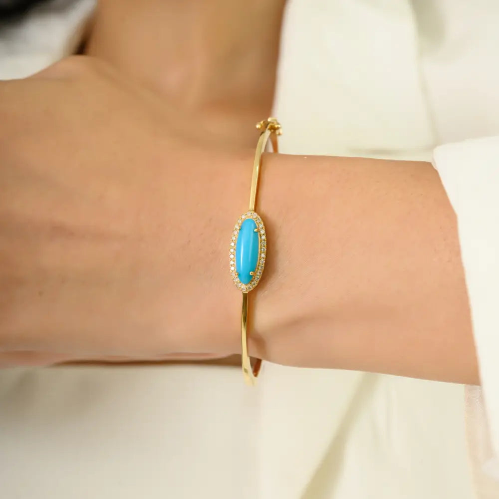 High Quality Turquoise & Diamond K14 Solid Yellow Gold Stackable Halo Bangle & Bracelet