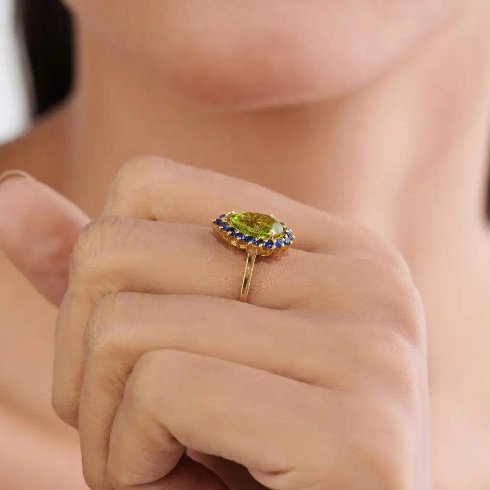 100% Natural Blue Sapphire & Peridot Real 18K Yellow Gold Pear Shape Cluster Ring