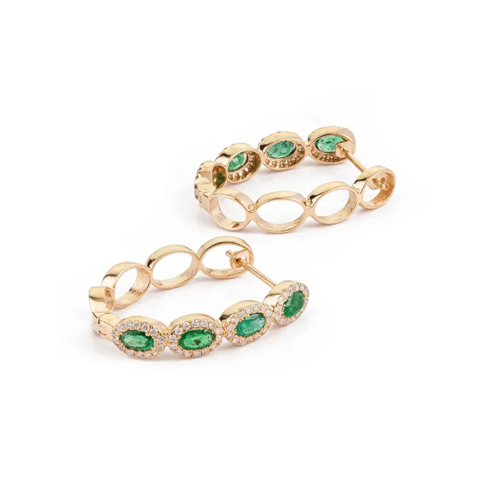 Latest New Arrivals 14K Yellow Gold Emerald & Diamond Statement Hoop Earrings For Wedding