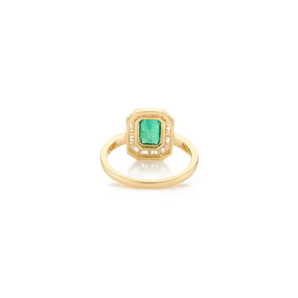 Octagon Shape Natural Emerald & Diamond 18K Yellow Gold Handmade Ring