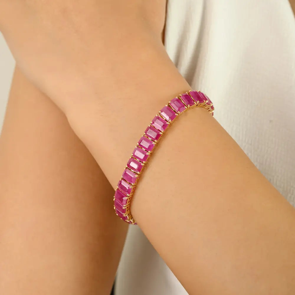 4x6 mm Octagon Cut Ruby Pure 14K Yellow Gold Box Lock Tennis Bracelet Anniversary Gift