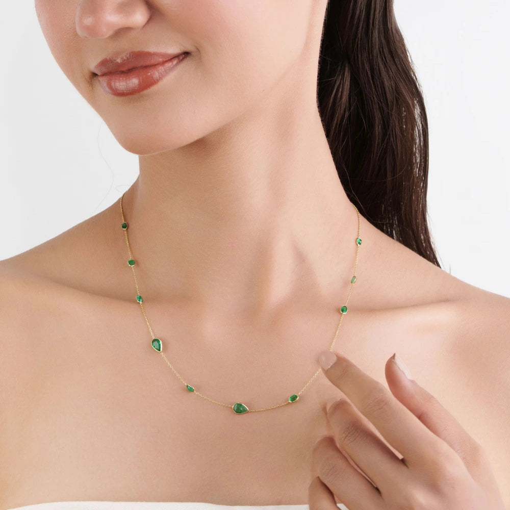 Bezel Set Emerald Gemstone Station Chain Necklace 14K Real Yellow Gold Stacking Jewelry Manufacturer