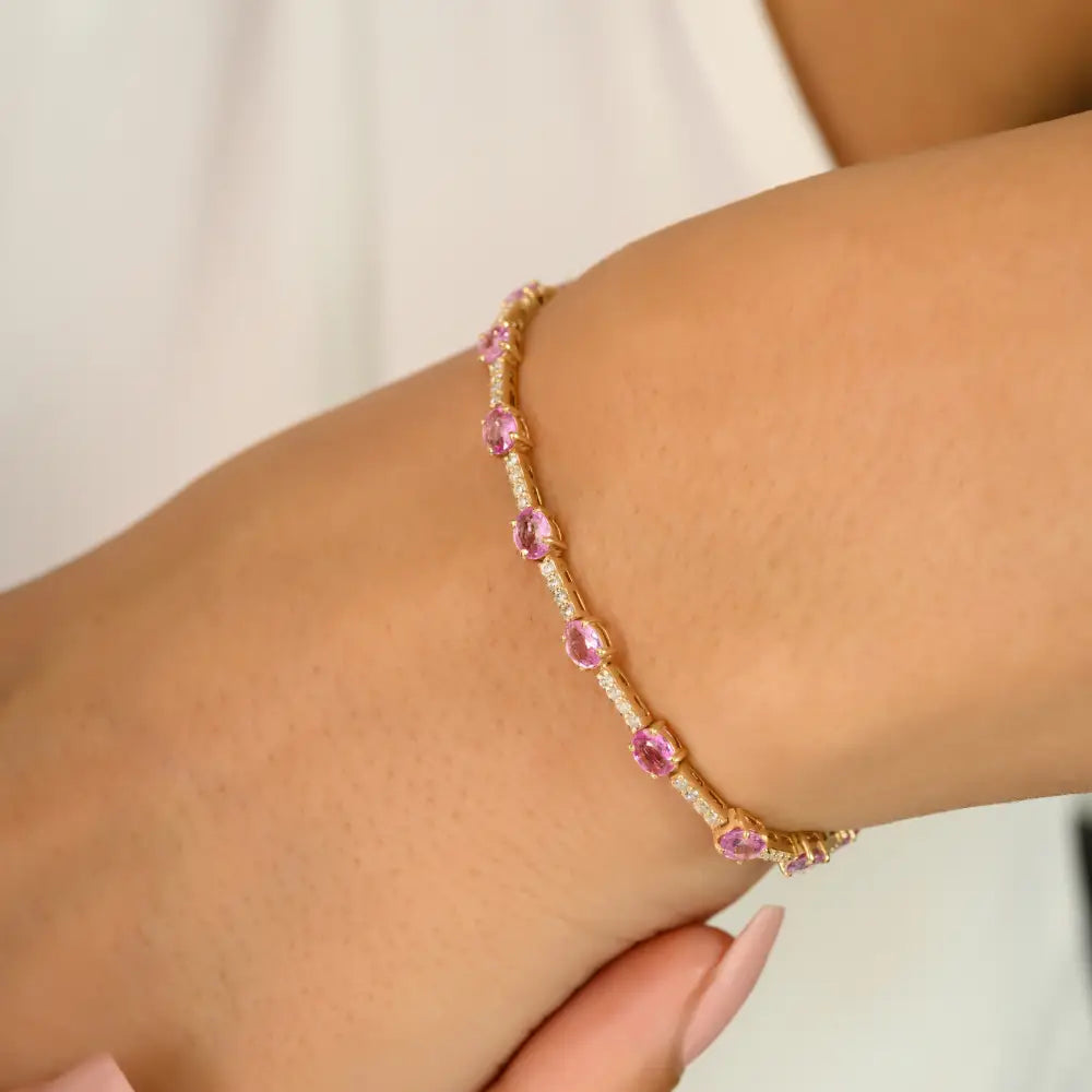 Simple Trending Design K14 Yellow Gold Pink Sapphire & Diamond Sleek Tennis Bracelet