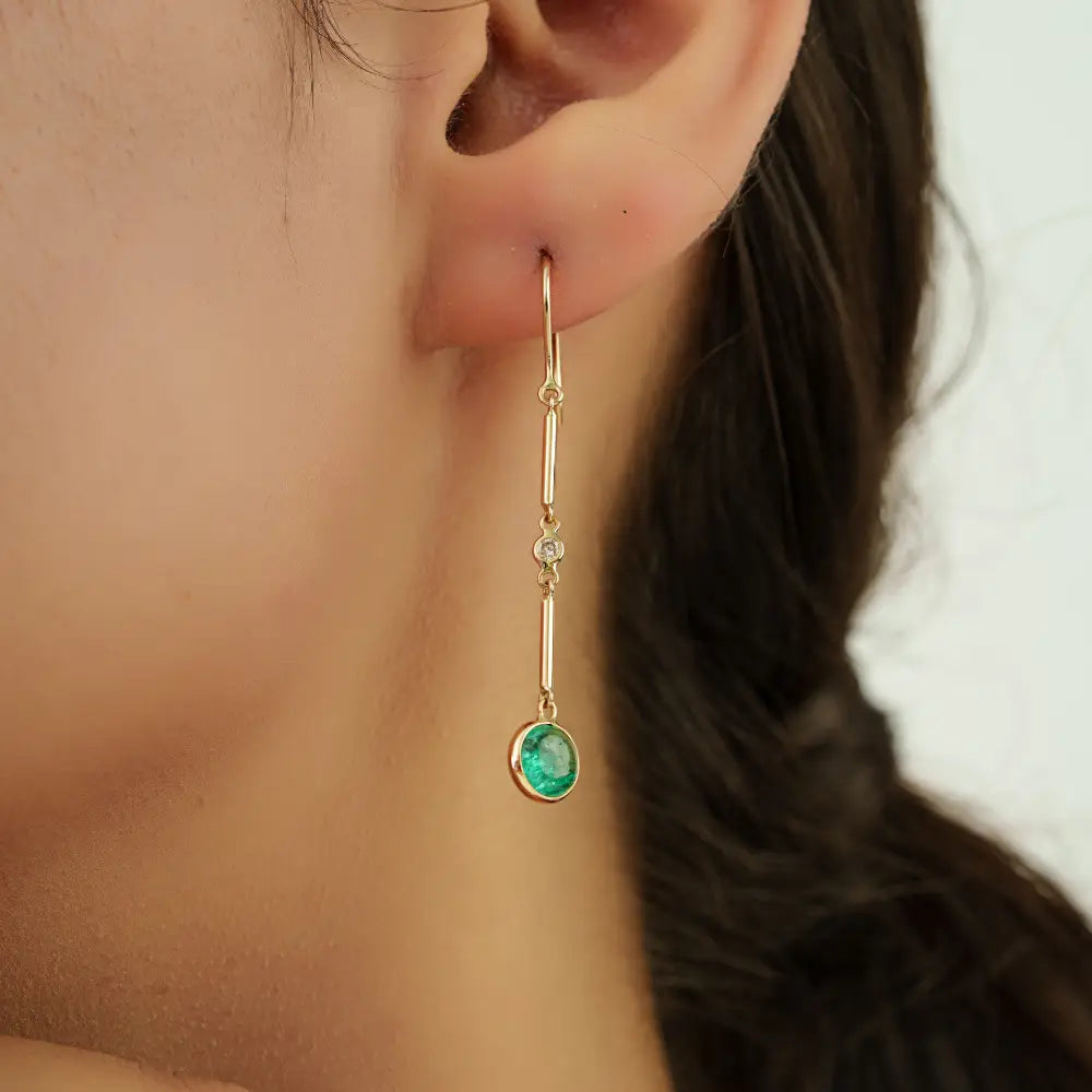 Simple Dainty Emerald & Diamond Dangle Earrings Solid K14 Yellow Gold Handmade Jewelry
