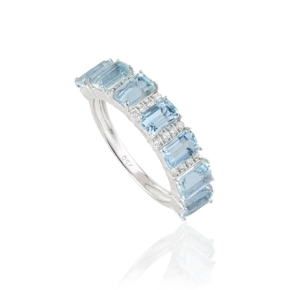 5x3 mm Octagon Shape Aquamarine & Round Cut Diamond Half Eternity Band Ring 18K Gold