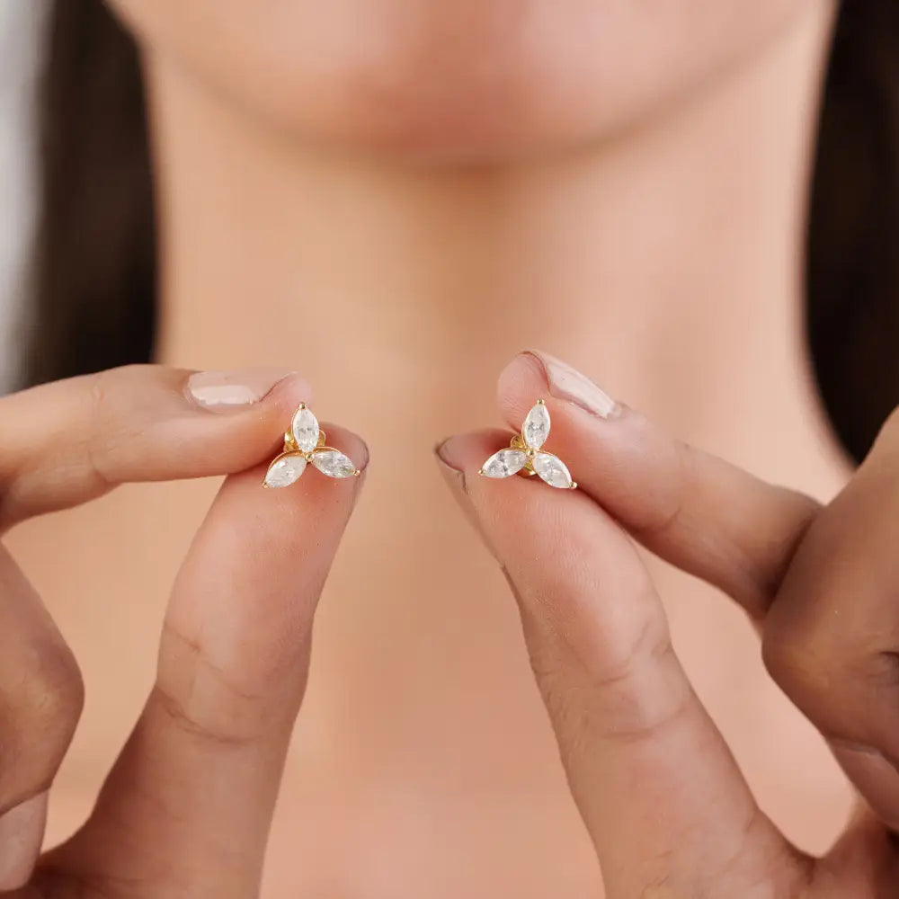 100% Natural Marquise Cut Diamond Trio Stud Earrings For Unisex 14K Yellow Gold Fine Jewelry