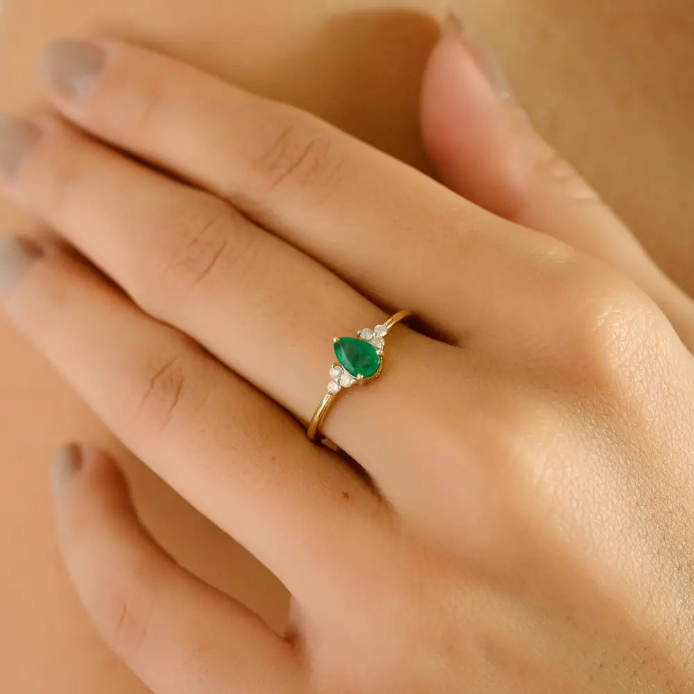 Elegant Minimal 18K Yellow Gold Emerald & Diamond Rings Earrings & Pendant 3 Pcs Jewelry Set