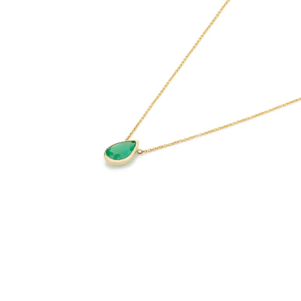 May Birthstone Natural Pear Cut Emerald 14K Real Yellow Gold Chain Necklace