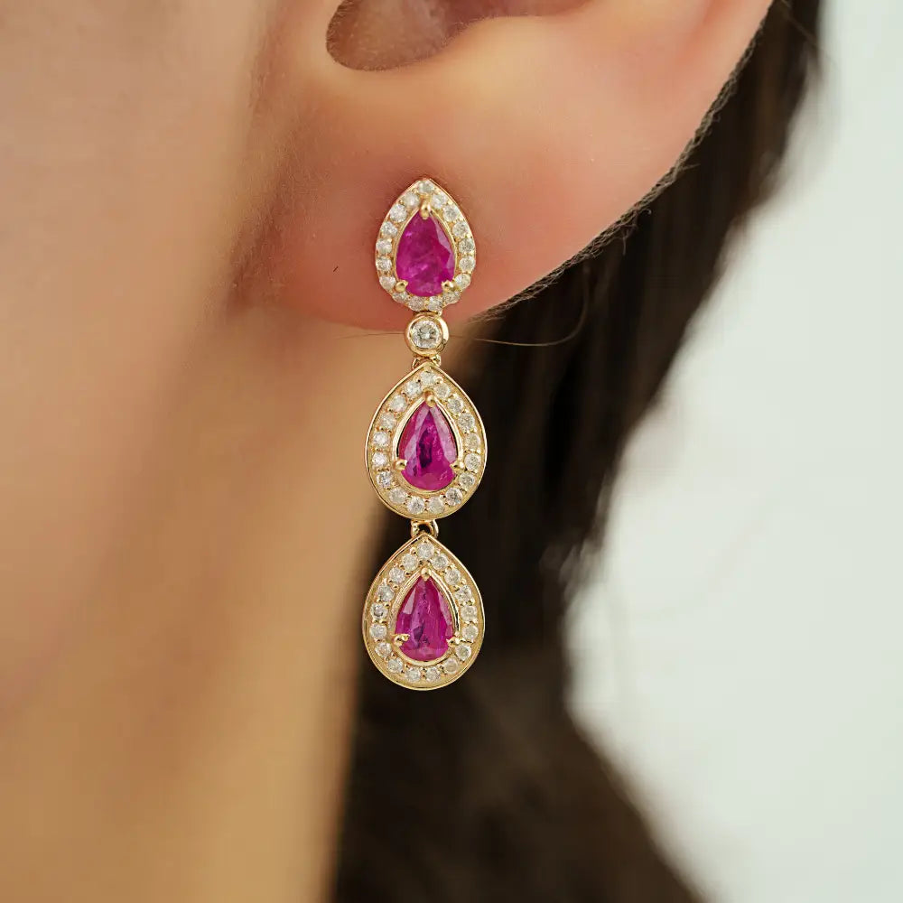 100% Real Ruby & Diamond Halo Teardrop Dangle Earrings Solid 14K Yellow Gold Jewelry