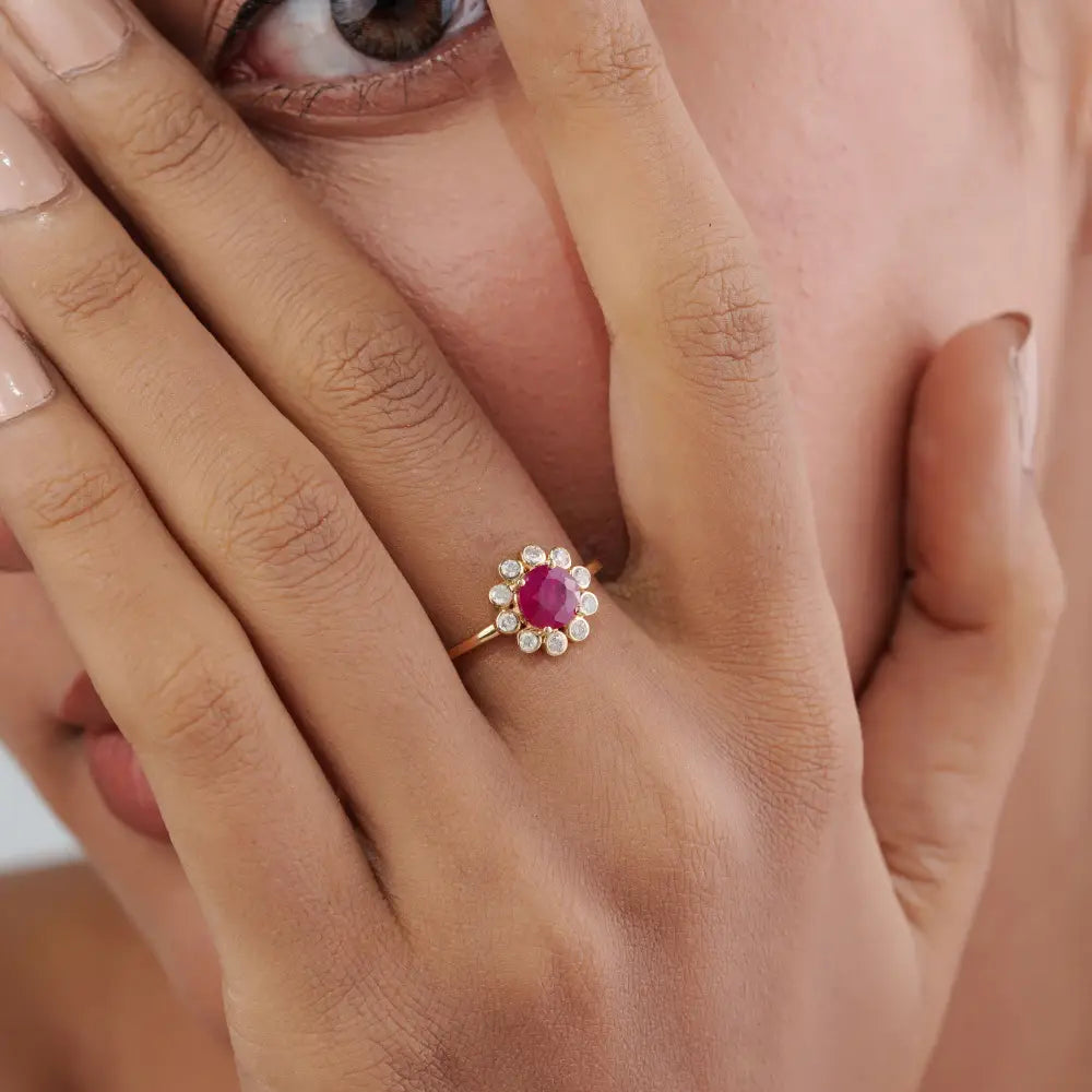 Round Cut Ruby & Diamond Floral Inspired Cluster Ring For Women's 14K Yellow Gold Gift For Her