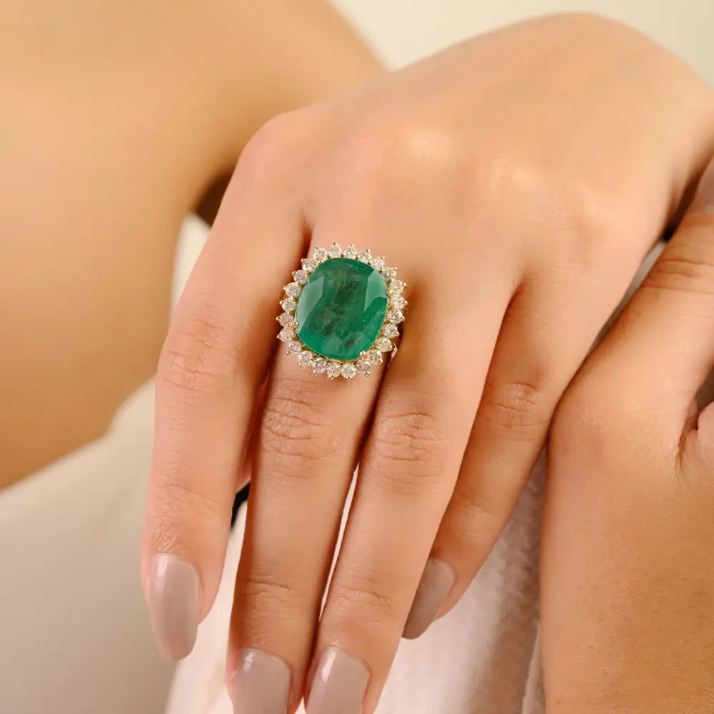 100% Natural Cushion Cut Emerald & Diamond K14 Yellow Gold Halo Cluster Ring Trending Jewelry