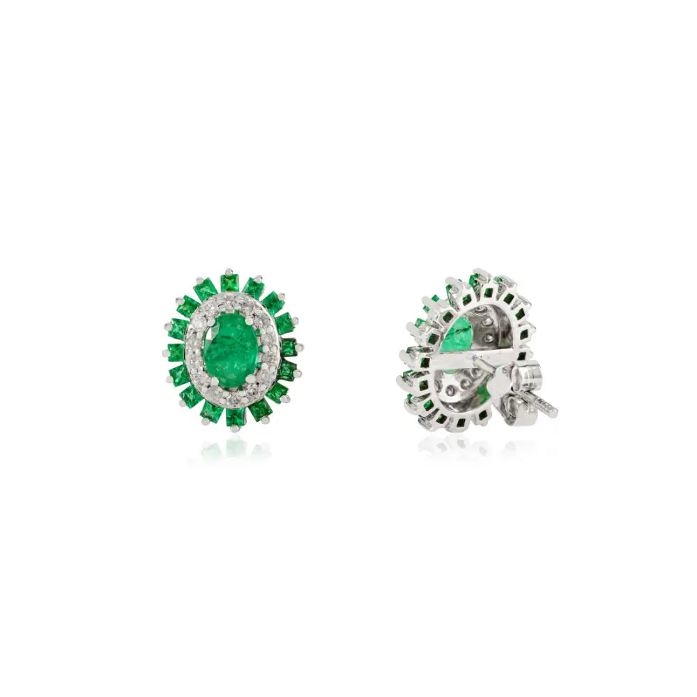 Hot Sale 14K White Gold Emerald & Diamond Unique Design Statement Stud Earrings For Women