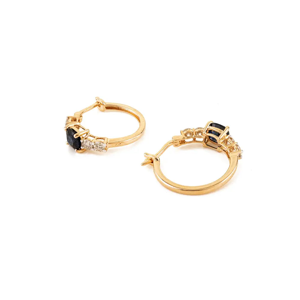 K14 Yellow Gold Cushion Shape Blue Sapphire & Diamond Hoop Earrings Women Gift Jewelry