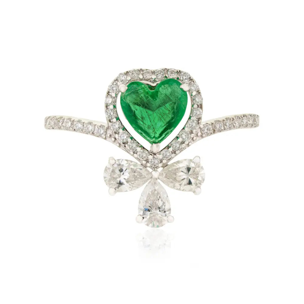 Heart Shape Emerald & Diamond Unique Statement Ring Pure K18 White Gold Bulk Jewelry