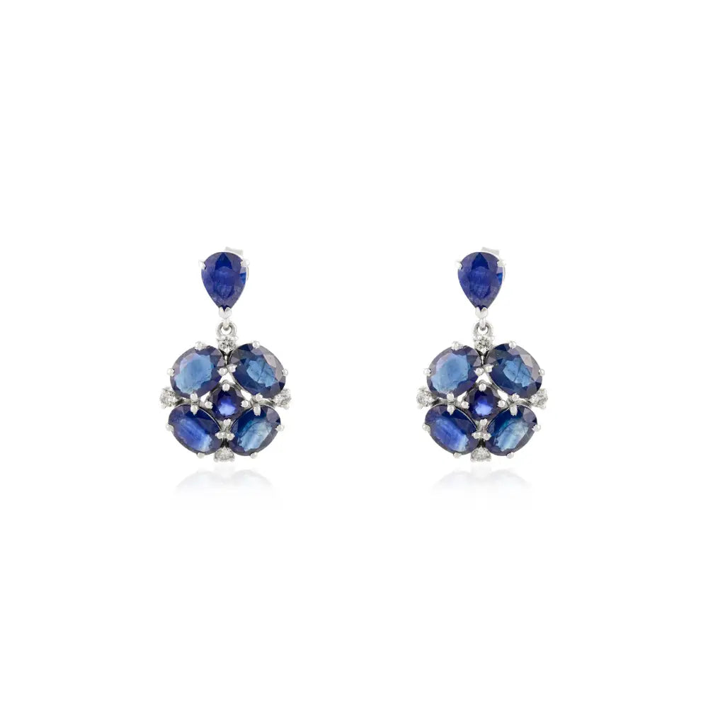 Handmade Blue Sapphire & Diamond Real K14 White Gold Wedding Drop Earrings Custom Jewelry