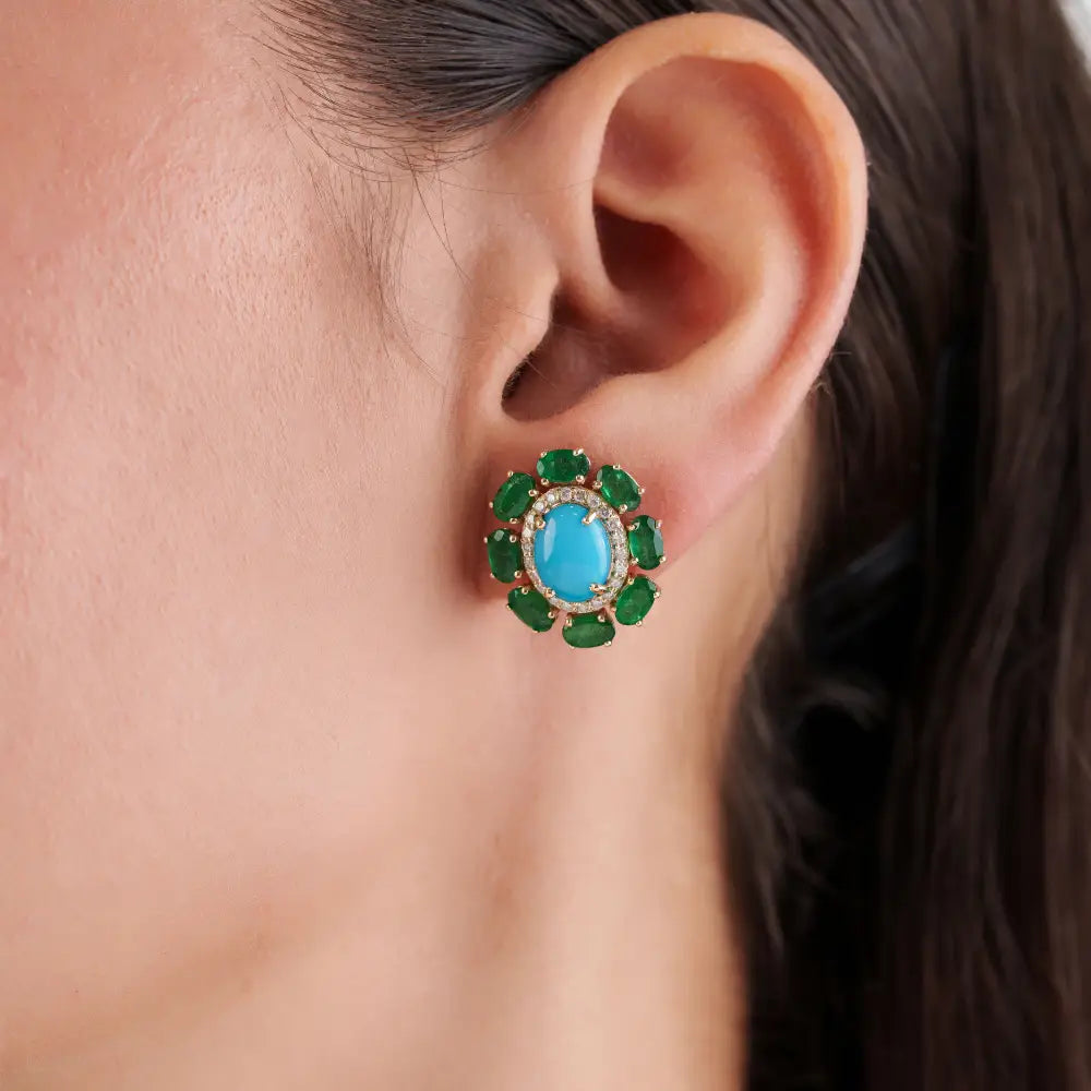 Floral Inspired Solid K14 Yellow Gold Emerald Turquoise & Diamond Statement Stud Earrings